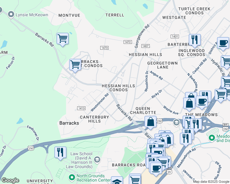 map of restaurants, bars, coffee shops, grocery stores, and more near 2422 Barracks Place in Charlottesville