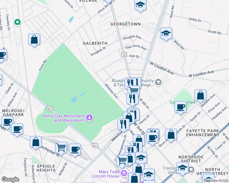 map of restaurants, bars, coffee shops, grocery stores, and more near 807 Whitney Avenue in Lexington