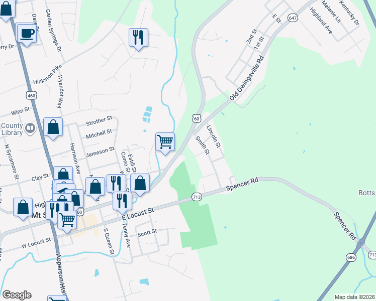 map of restaurants, bars, coffee shops, grocery stores, and more near 13 Douglas Street in Mount Sterling