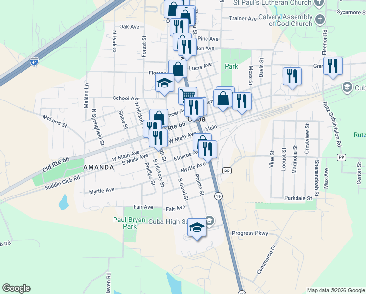 map of restaurants, bars, coffee shops, grocery stores, and more near 206 Southwest Main Street in Cuba