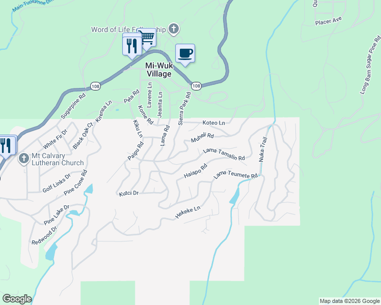 map of restaurants, bars, coffee shops, grocery stores, and more near 20701 Muheli Road in Mi-Wuk Village