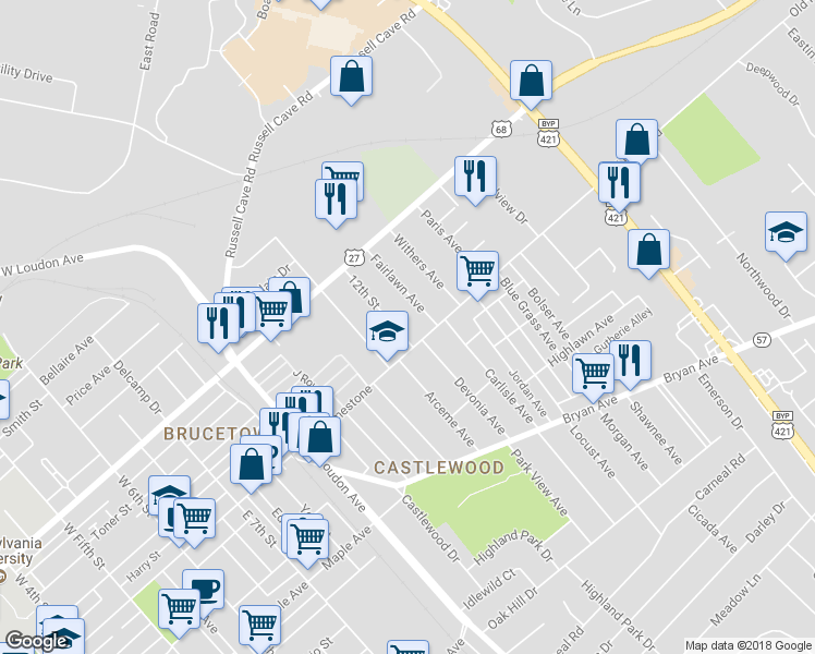 map of restaurants, bars, coffee shops, grocery stores, and more near 105 12th Street in Lexington