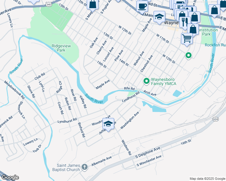 map of restaurants, bars, coffee shops, grocery stores, and more near 700 Rife Road in Waynesboro