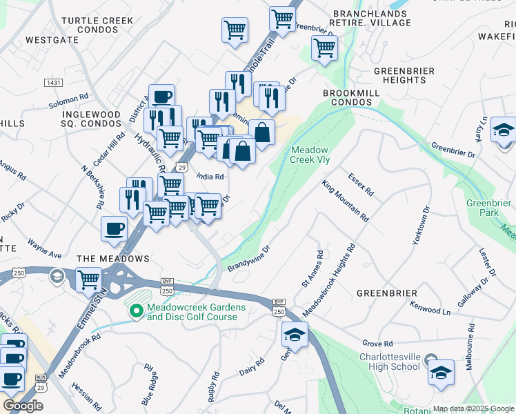 map of restaurants, bars, coffee shops, grocery stores, and more near 2111 Michie Drive in Charlottesville
