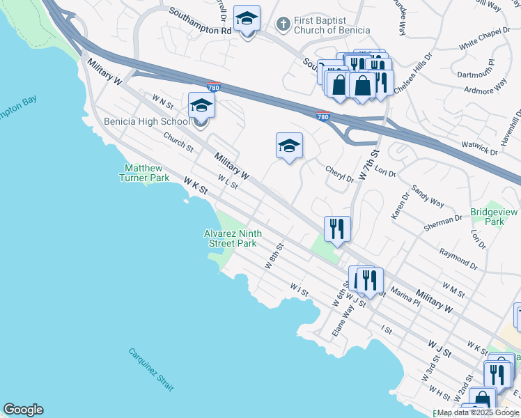 map of restaurants, bars, coffee shops, grocery stores, and more near 1130 West 9th Street in Benicia