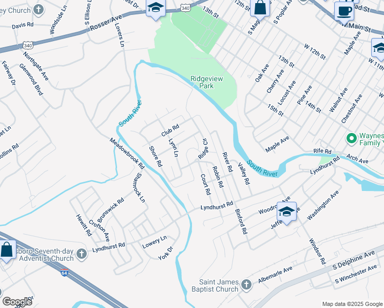 map of restaurants, bars, coffee shops, grocery stores, and more near 1309 Ridge Circle in Waynesboro