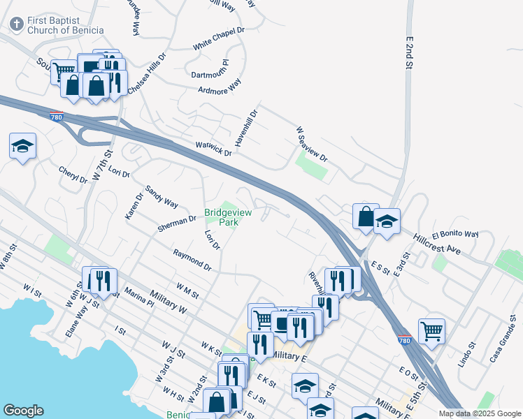 map of restaurants, bars, coffee shops, grocery stores, and more near 1895 Shirley Drive in Benicia