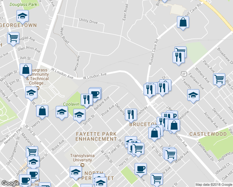 map of restaurants, bars, coffee shops, grocery stores, and more near 732 Bellaire Ave in Lexington