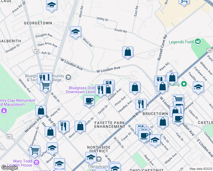 map of restaurants, bars, coffee shops, grocery stores, and more near 551 West 6th Street in Lexington