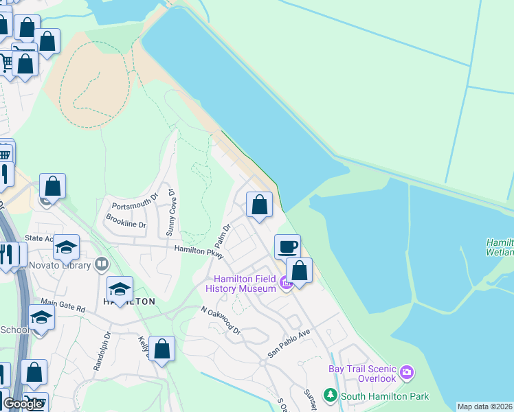 map of restaurants, bars, coffee shops, grocery stores, and more near 50 Pizarro Avenue in Novato