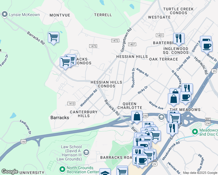 map of restaurants, bars, coffee shops, grocery stores, and more near 117 Hessian Hills Ridge in Charlottesville