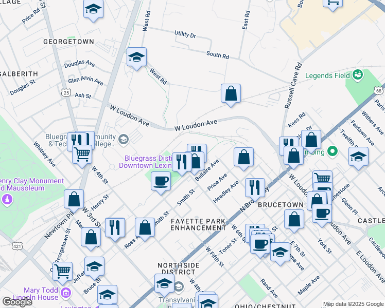 map of restaurants, bars, coffee shops, grocery stores, and more near 551 West 6th Street in Lexington