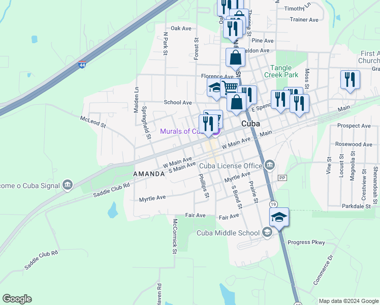 map of restaurants, bars, coffee shops, grocery stores, and more near 102 South Green Street in Cuba