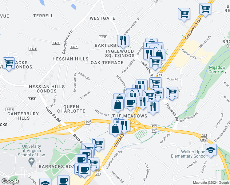 map of restaurants, bars, coffee shops, grocery stores, and more near 2200 Angus Road in Charlottesville