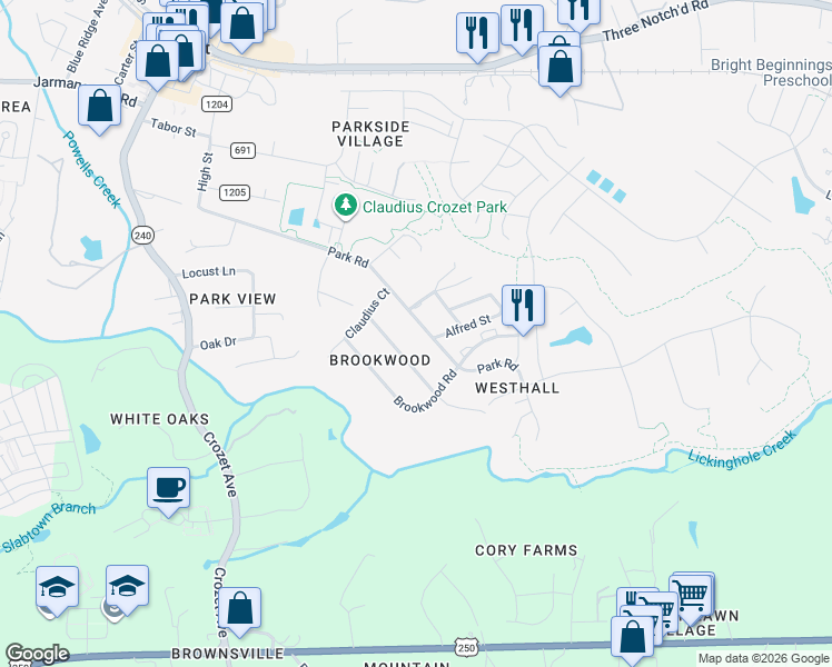 map of restaurants, bars, coffee shops, grocery stores, and more near 5549 Park Road in Crozet