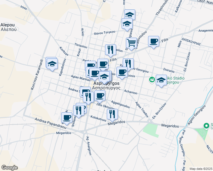 map of restaurants, bars, coffee shops, grocery stores, and more near in Aspropyrgos