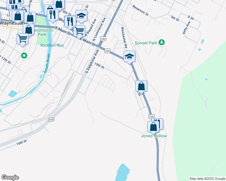 map of restaurants, bars, coffee shops, grocery stores, and more near 1112 11th Street in Waynesboro