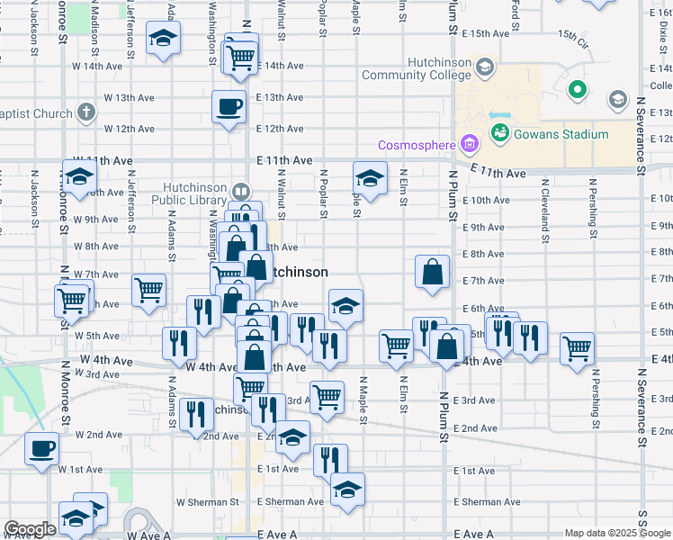 map of restaurants, bars, coffee shops, grocery stores, and more near 208 East 7th Avenue in Hutchinson
