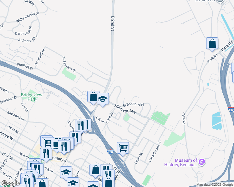 map of restaurants, bars, coffee shops, grocery stores, and more near 14 La Cruz Avenue in Benicia