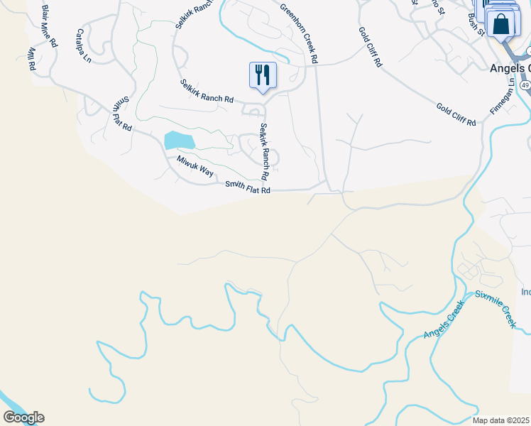 map of restaurants, bars, coffee shops, grocery stores, and more near 2421 Cow Kick Road in Angels Camp