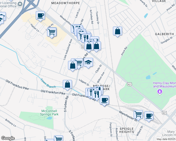 map of restaurants, bars, coffee shops, grocery stores, and more near 1209 Texaco Road in Lexington