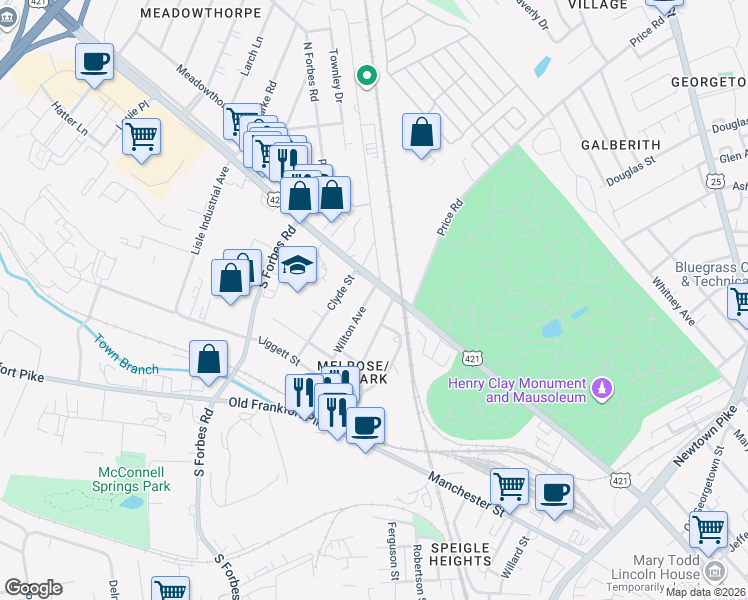 map of restaurants, bars, coffee shops, grocery stores, and more near 100 Wilton Avenue in Lexington