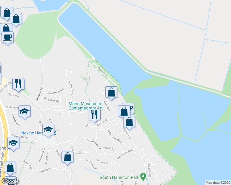 map of restaurants, bars, coffee shops, grocery stores, and more near 50 Pizarro Avenue in Novato