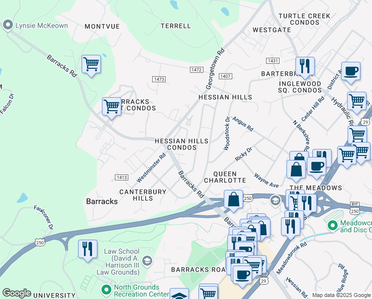 map of restaurants, bars, coffee shops, grocery stores, and more near in Albemarle County