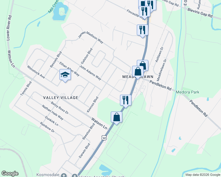 map of restaurants, bars, coffee shops, grocery stores, and more near 6706 John Adams Way in Louisville