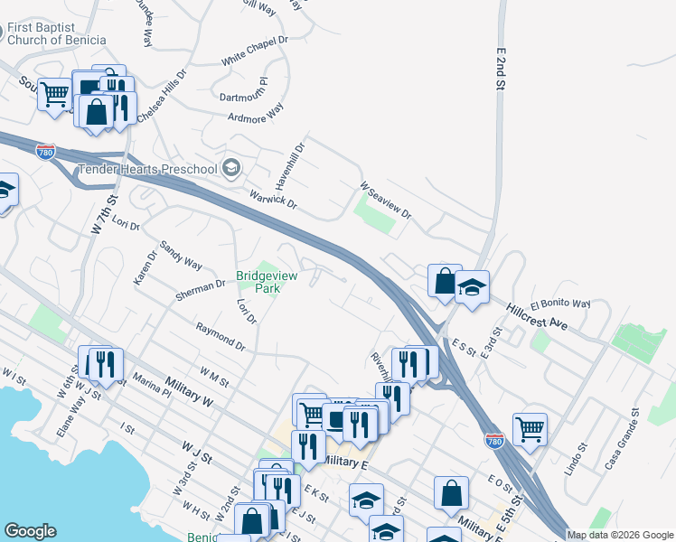 map of restaurants, bars, coffee shops, grocery stores, and more near 1839 Shirley Drive in Benicia