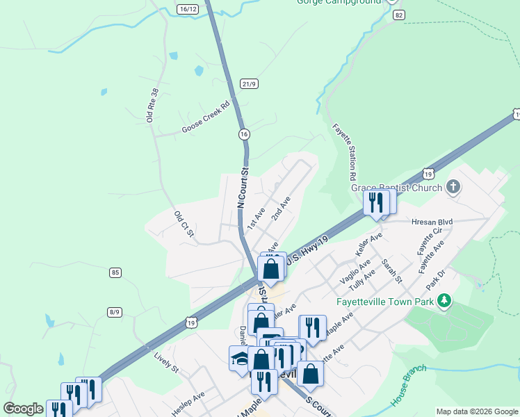 map of restaurants, bars, coffee shops, grocery stores, and more near 115 1st Ave in Fayetteville