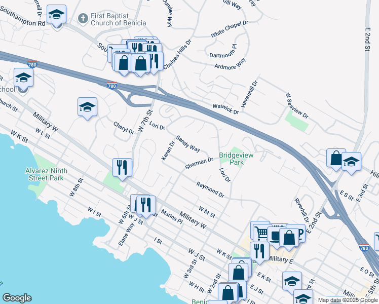 map of restaurants, bars, coffee shops, grocery stores, and more near 512 Sandy Way in Benicia