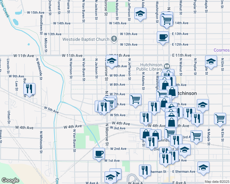 map of restaurants, bars, coffee shops, grocery stores, and more near 404 West 7th Avenue in Hutchinson