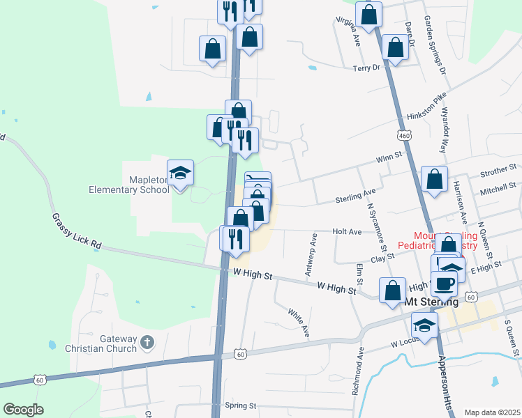 map of restaurants, bars, coffee shops, grocery stores, and more near 810 Indian Mound Drive in Mount Sterling