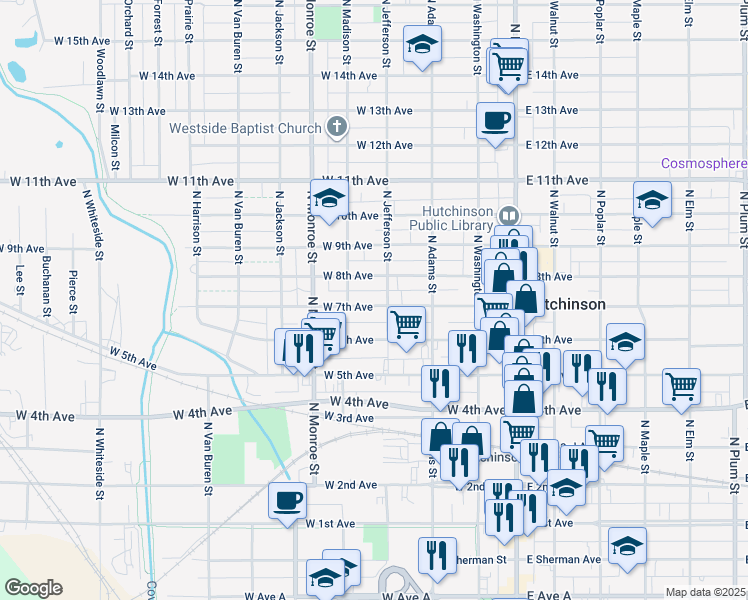 map of restaurants, bars, coffee shops, grocery stores, and more near 308 West 7th Avenue in Hutchinson