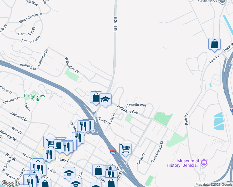 map of restaurants, bars, coffee shops, grocery stores, and more near 14 La Cruz Avenue in Benicia