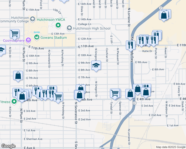 map of restaurants, bars, coffee shops, grocery stores, and more near 700 North Baker Street in Hutchinson