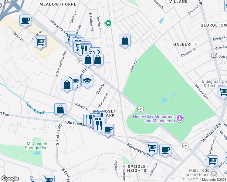 map of restaurants, bars, coffee shops, grocery stores, and more near 100 Wilton Avenue in Lexington