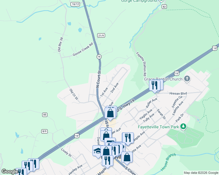 map of restaurants, bars, coffee shops, grocery stores, and more near 115 1st Ave in Fayetteville