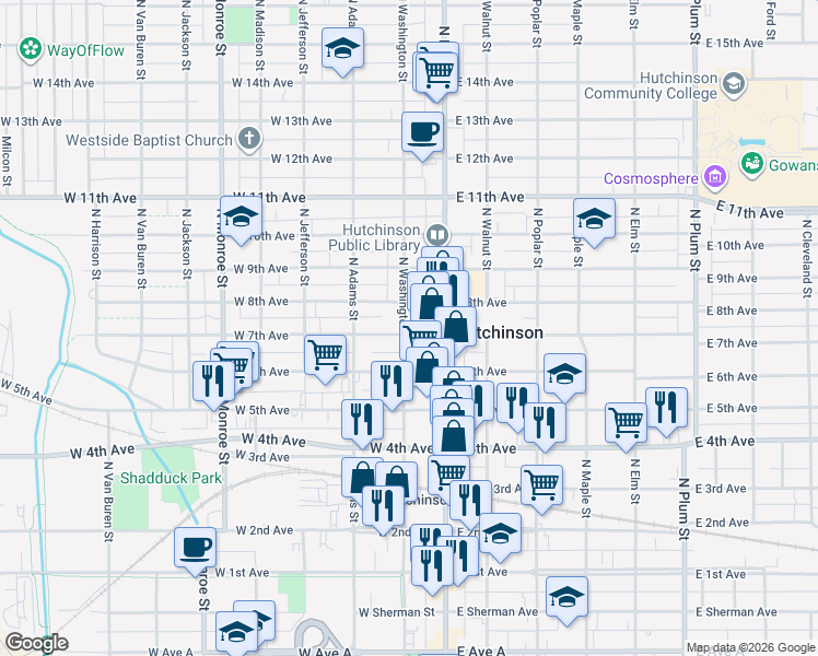 map of restaurants, bars, coffee shops, grocery stores, and more near 28 West 7th Avenue in Hutchinson