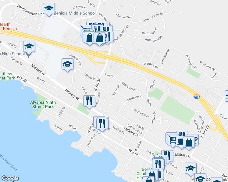 map of restaurants, bars, coffee shops, grocery stores, and more near 1417 Karen Drive in Benicia