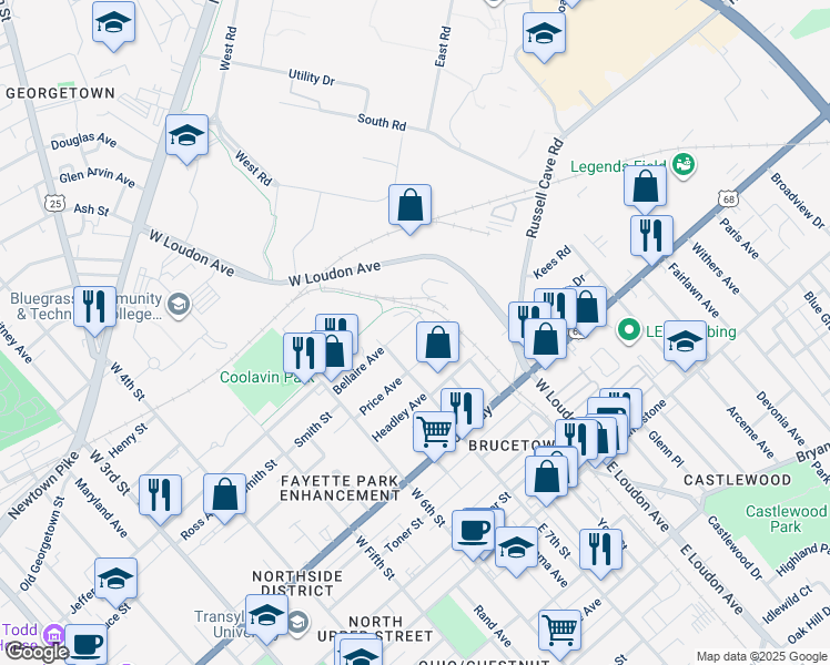map of restaurants, bars, coffee shops, grocery stores, and more near 732 Bellaire Avenue in Lexington