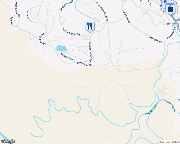map of restaurants, bars, coffee shops, grocery stores, and more near 2421 Cow Kick Road in Angels Camp
