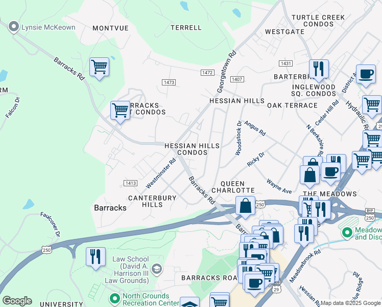 map of restaurants, bars, coffee shops, grocery stores, and more near 115 Hessian Hills Ridge in Charlottesville