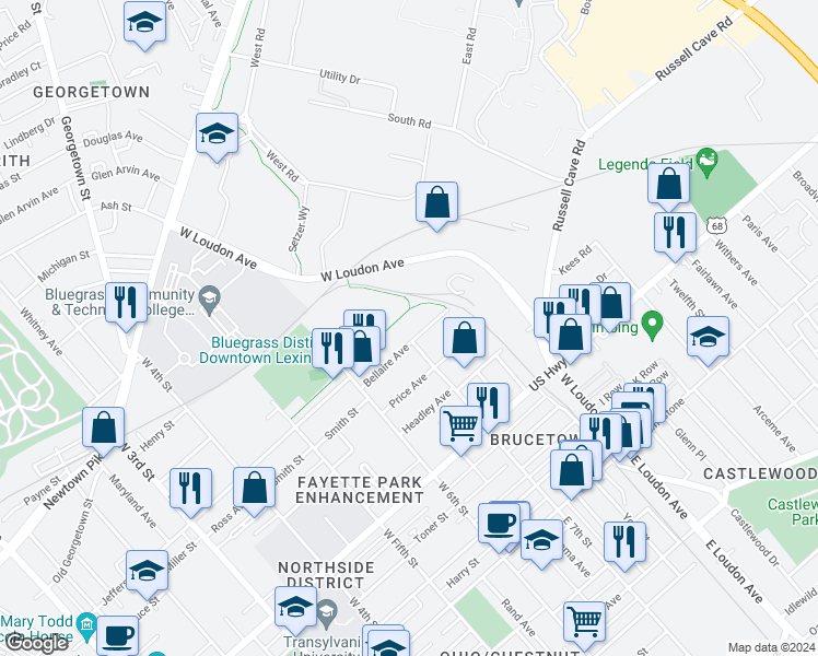 map of restaurants, bars, coffee shops, grocery stores, and more near 525 West 6th Street in Lexington