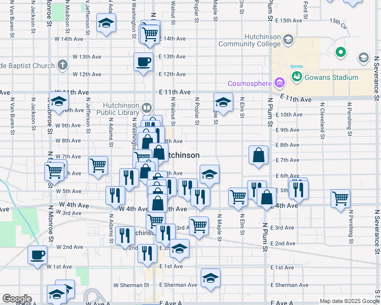 map of restaurants, bars, coffee shops, grocery stores, and more near 122 East 7th Avenue in Hutchinson