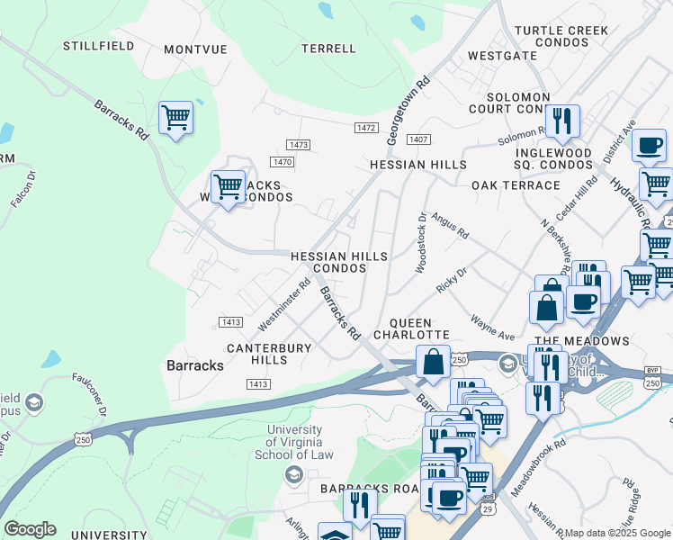 map of restaurants, bars, coffee shops, grocery stores, and more near 115 Hessian Hills Ridge in Charlottesville