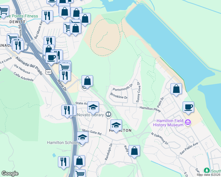 map of restaurants, bars, coffee shops, grocery stores, and more near 99 Newport Landing Drive in Novato