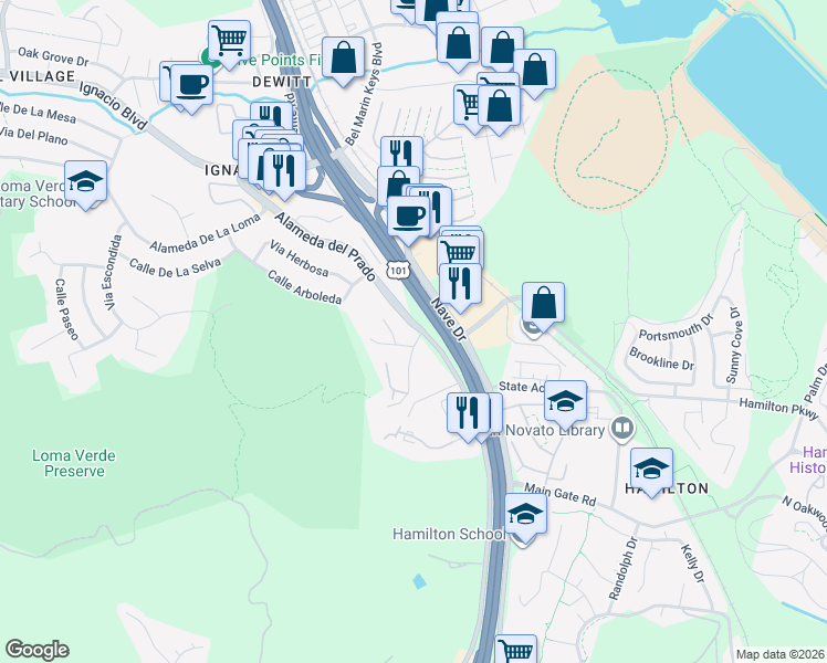 map of restaurants, bars, coffee shops, grocery stores, and more near in Novato