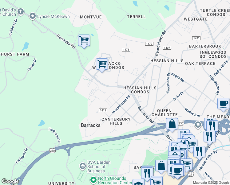 map of restaurants, bars, coffee shops, grocery stores, and more near Out of Bounds Road in Charlottesville